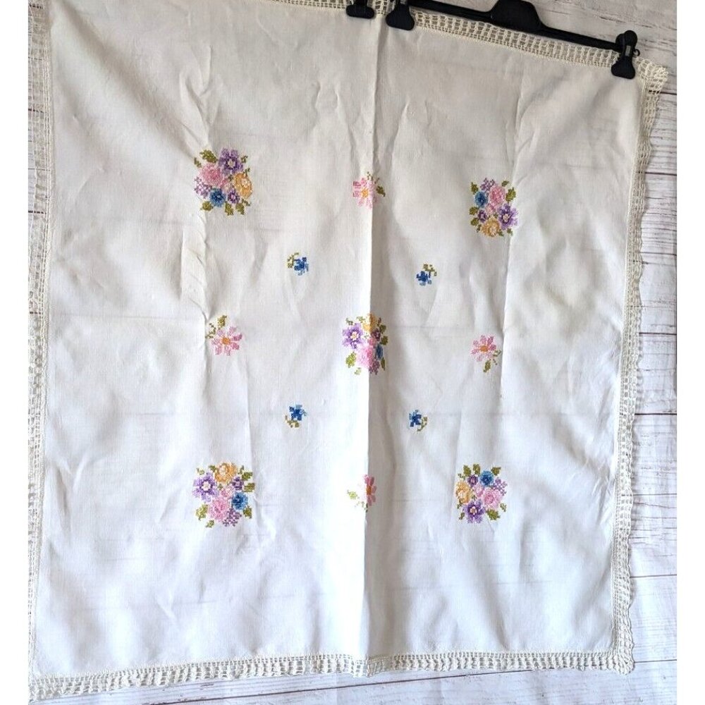Vintage Handcrafted Cross Stitch Embroidered Table Cloth Cream Small Square 35"